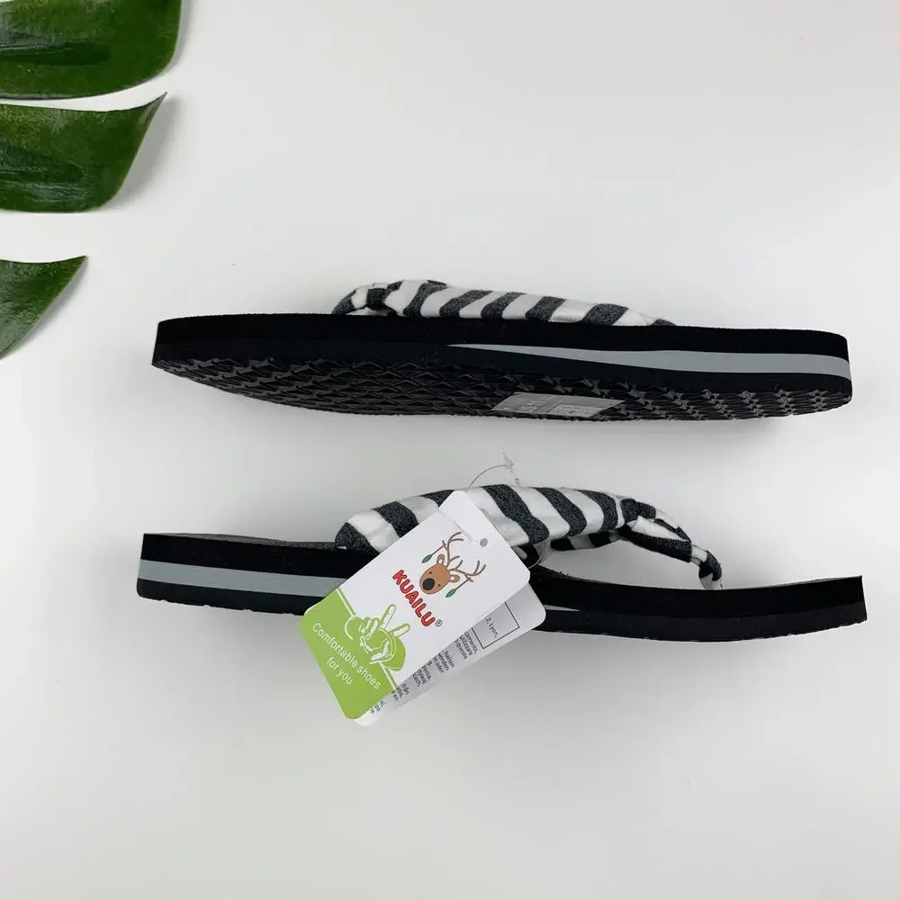 New Kuailu Flip Flops Sandals Slip On Grey White Striped Fabric Women's 11